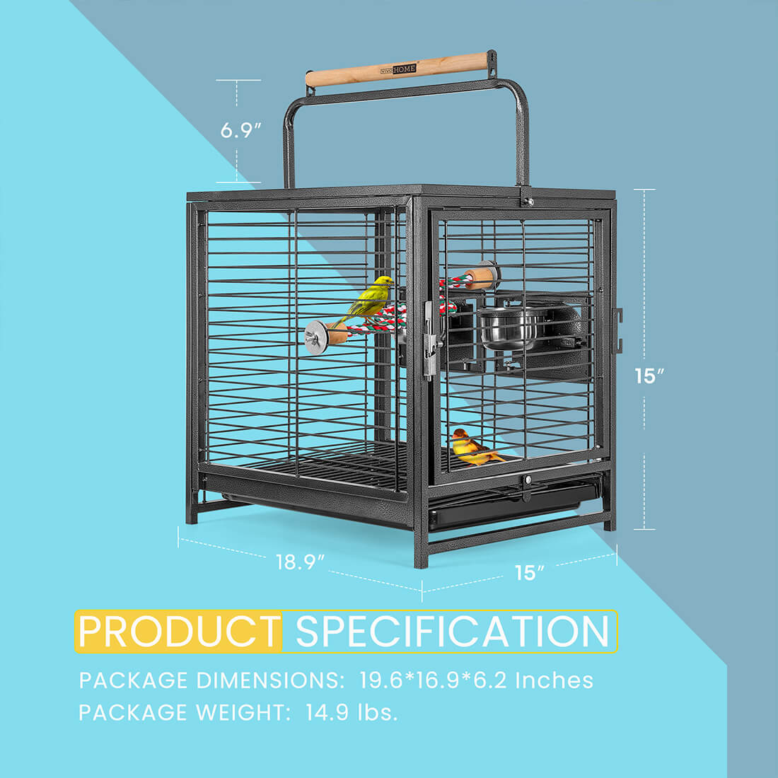 VIVOHOME 19 Inch Wrought Iron Bird Travel Carrier Cage for Parrots Conures Lovebird Cockatiel Parakeets