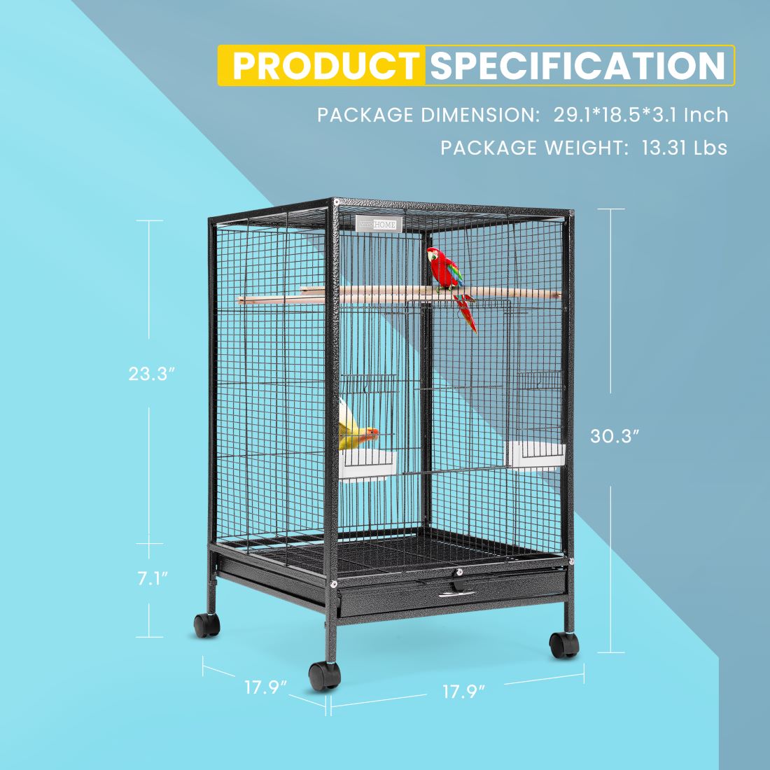 VIVOHOME 30 Inch Height Wrought Iron Bird Cage with Rolling Stand for Parrots Conure Lovebird Cockatiel Black