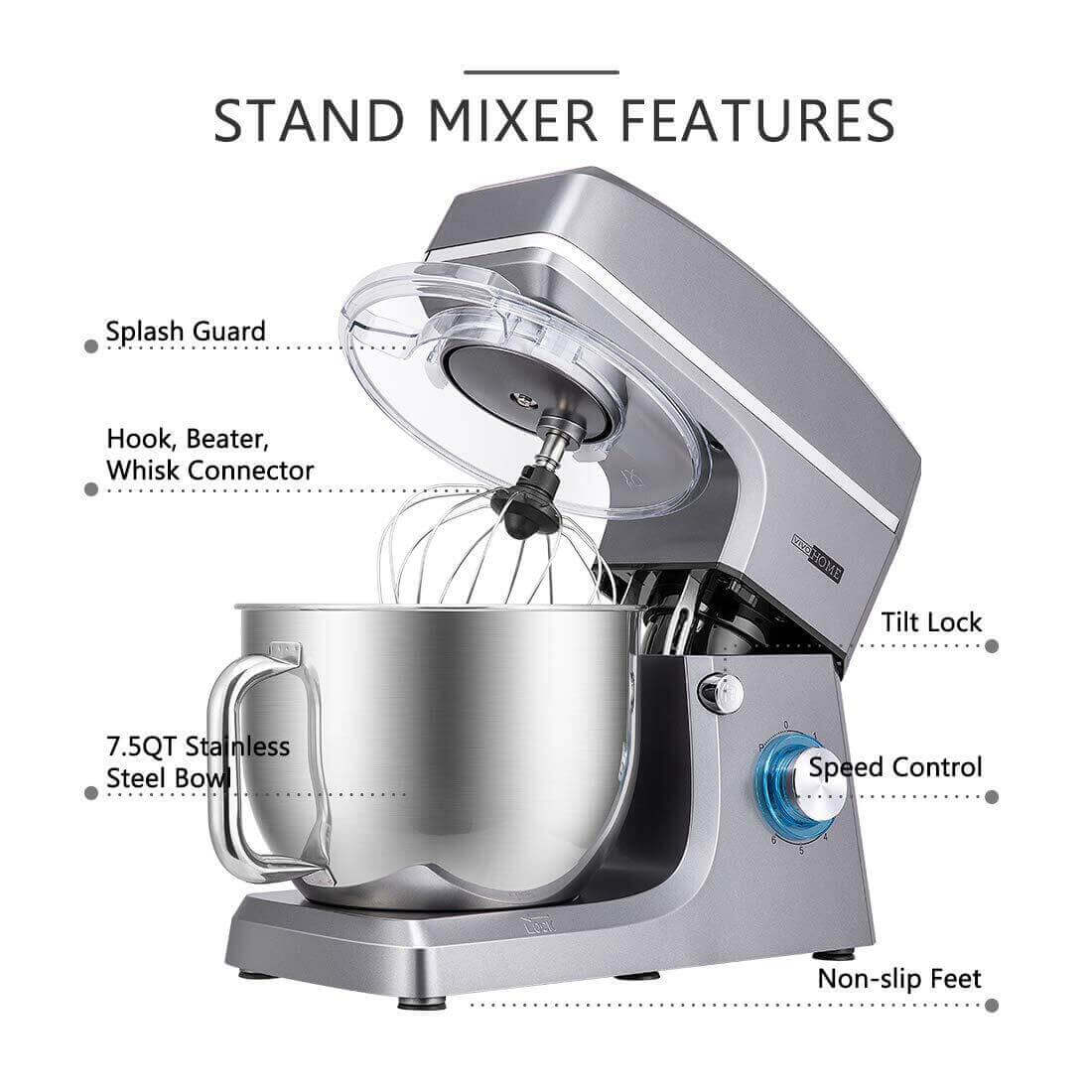 VIVOHOME 7.5 Quart Stand Mixer, 660W 6-Speed Tilt-Head Kitchen Electric Food Mixer with Beater, Dough Hook and Wire Whip, Iron Gray