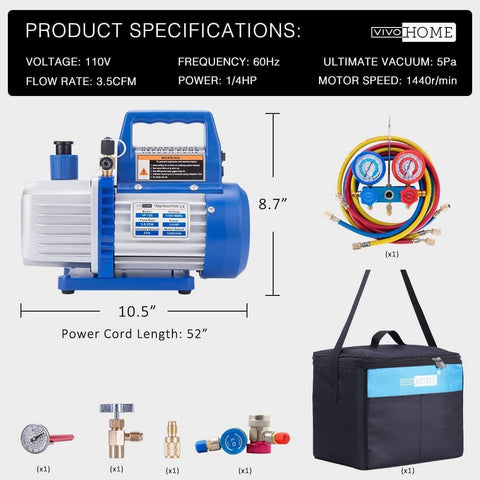 VIVOHOME 110V 1/4 HP 3.5CFM Single Stage Rotary Vane Air Vacuum Pump and R134a AC Manifold Gauge Set Kit with Thermometer Carry Bag for HVAC Air Conditioning Refrigeration Recharging