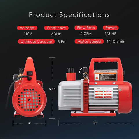 VIVOHOME  Air Vacuum Pump R134a AC Manifold Gauge  Kit 1/3 HP 4CFM Single Stage Rotary Vaneand with Leak Detector Carry Bag