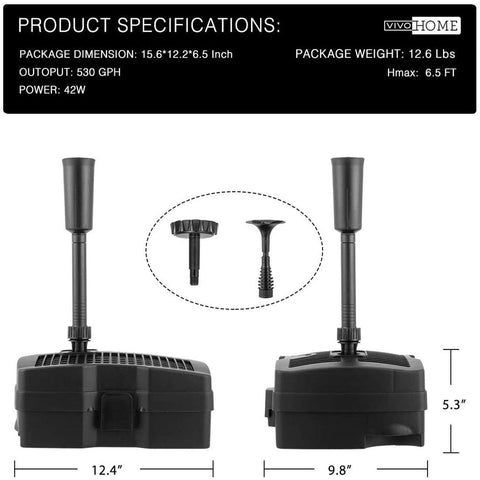 VIVOHOME 530 GPH Submersible Pond Filter Pump Fountain Kits with UV Sterilizer Suitable for Ponds of 920 Gallons, Water Pump Built In