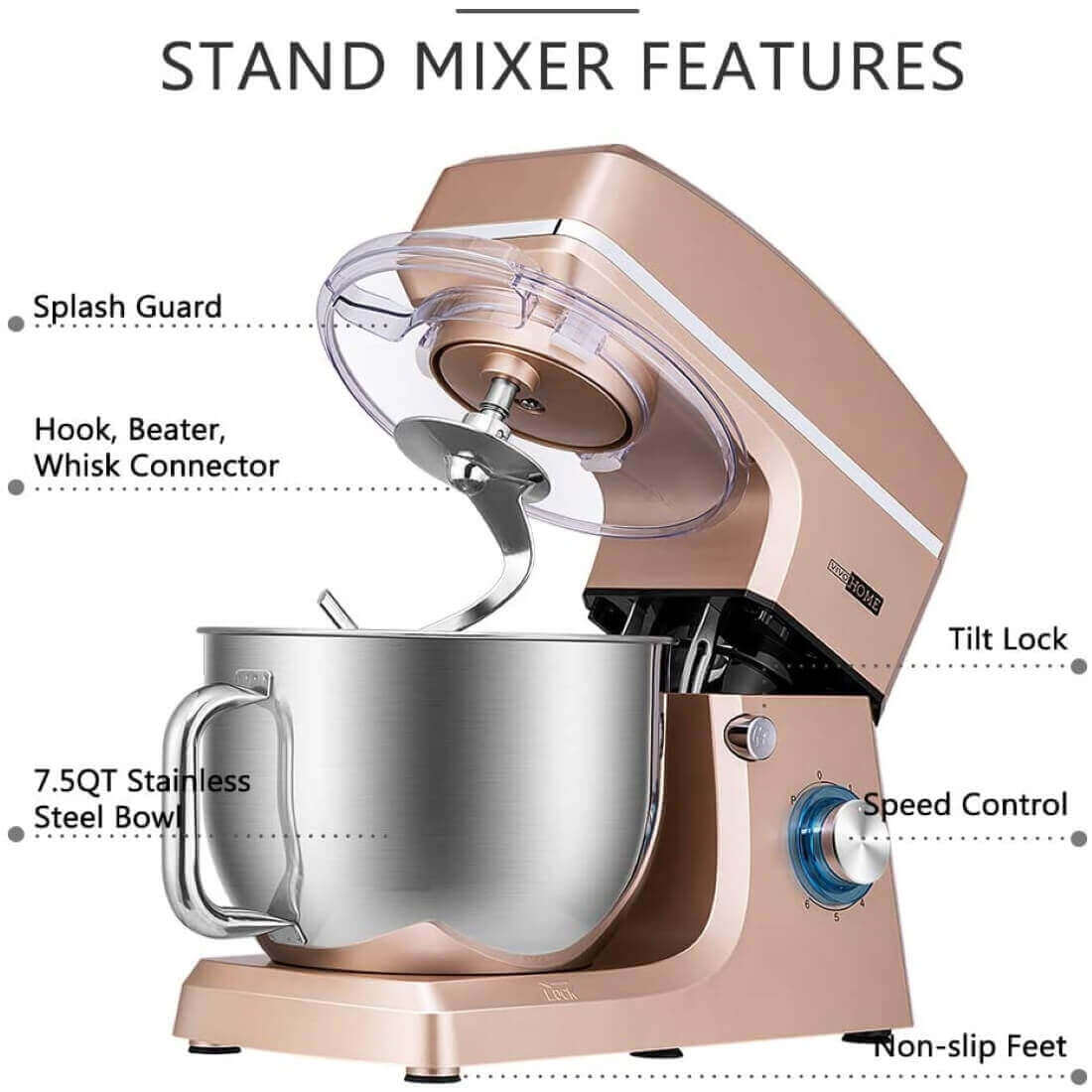 VIVOHOME 7.5 Quart Stand Mixer, 660W 6-Speed Tilt-Head Kitchen Electric Food Mixer with Beater, Dough Hook and Wire Whip, Champagne