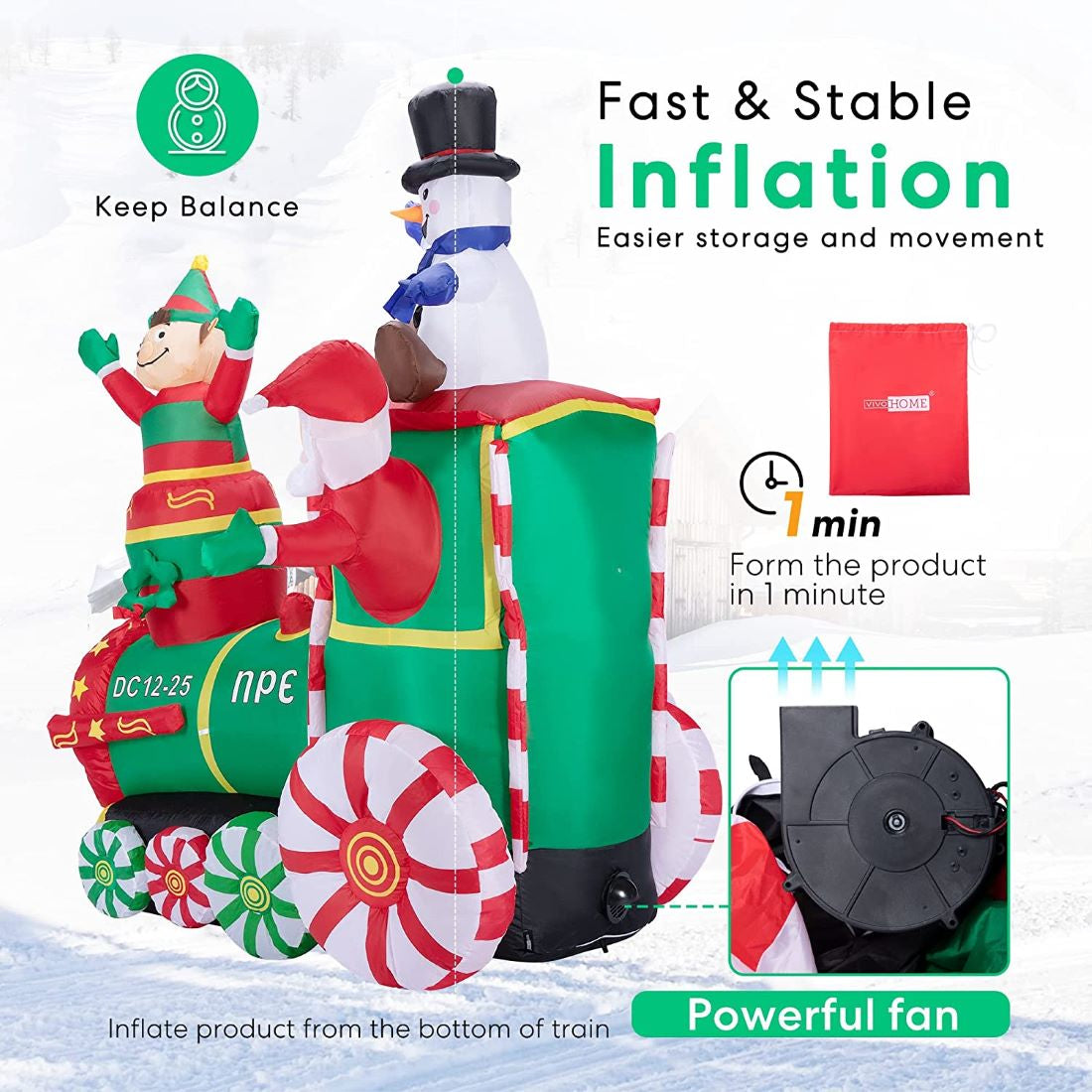 VIVOHOME 6ft Height Christmas Inflatable Santa Claus on The Train with Elf and Snowman Built-in LED Lights Blow up Outdoor Lawn Yard Decoration